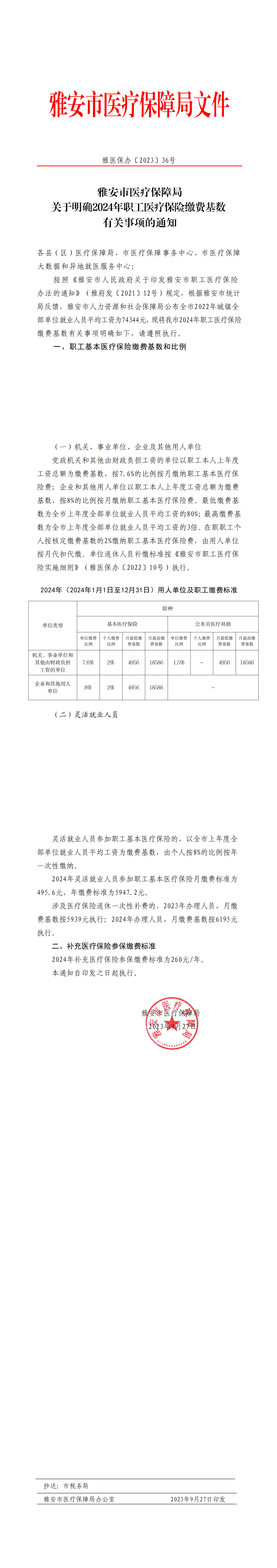 雅安市医疗保障局关于明确2024年职工医疗保险缴费基数有关事项的通知_00.png
