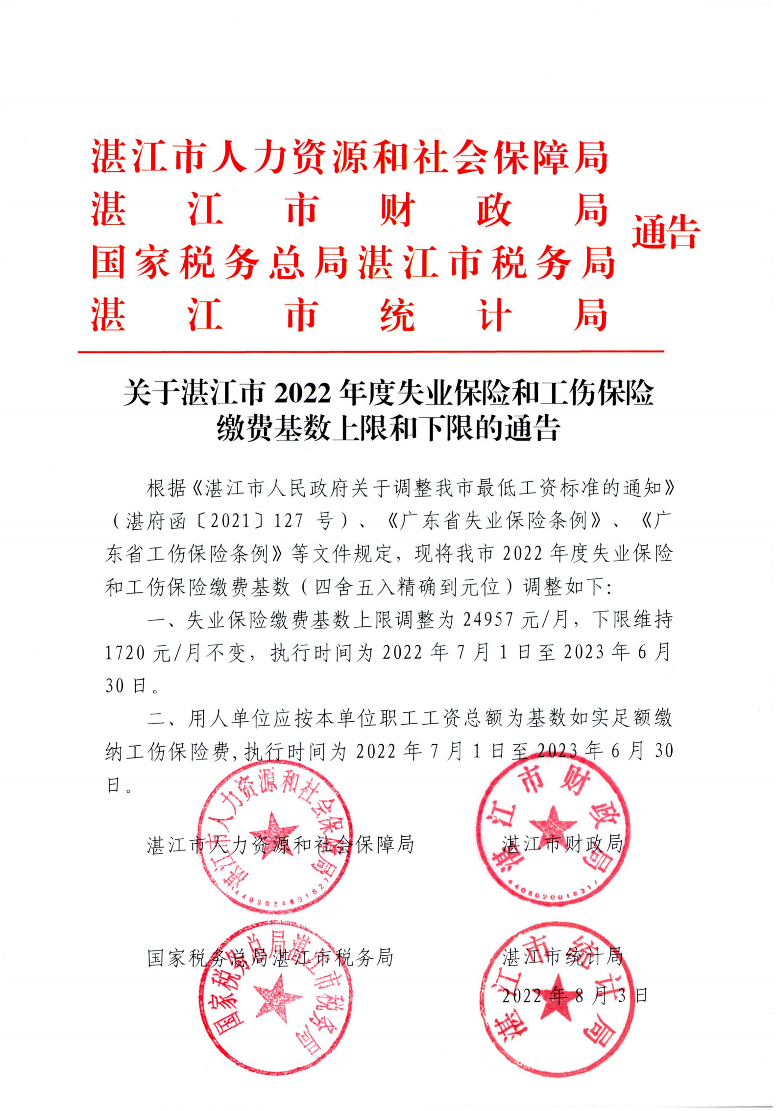 关于公布湛江市2022年度失业保险和工伤保险缴费基数上限和下限的通告_00.png