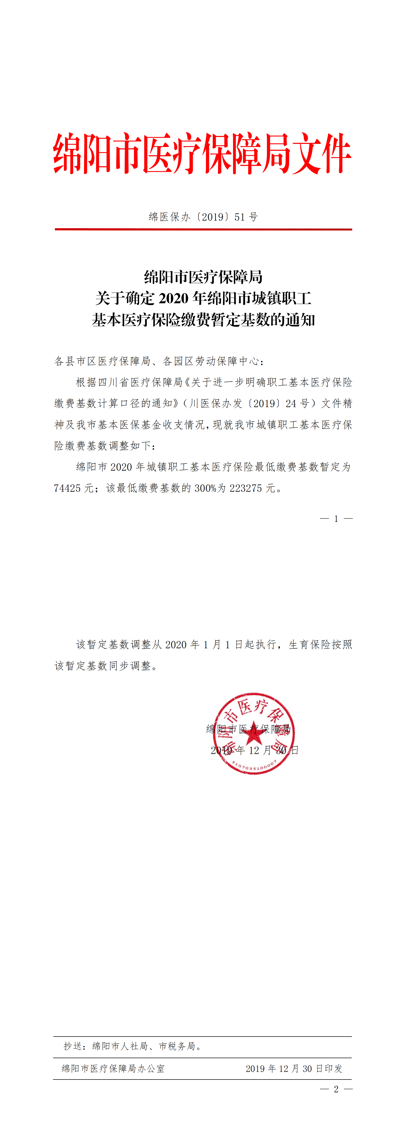 《绵阳市医疗保障局关于确定2020年绵阳市城镇职工基本医疗保险缴费暂定基数的通知》 绵医保办〔2019〕51号_00.png